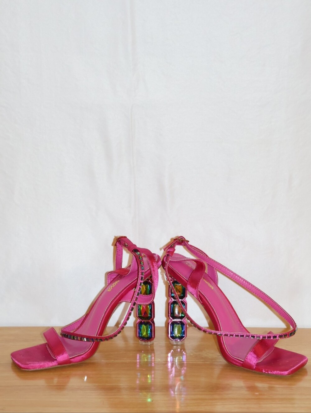 Fashion Nova Fuchsia Crystal Block Heel Sandals.